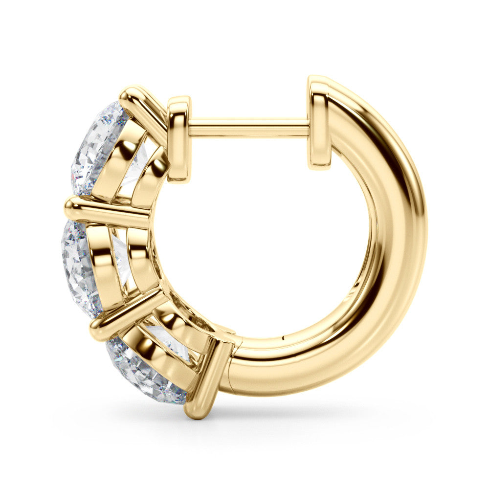 Yellow gold Triple Round Diamond Huggie Earrings with Prong Setting