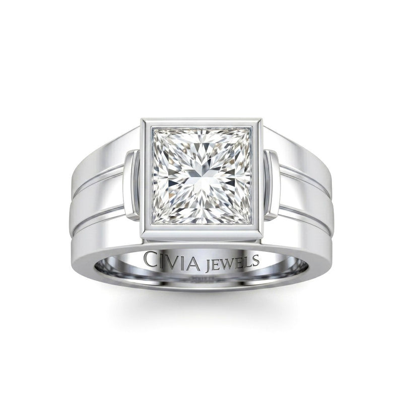 White Gold Princess Cut Bezel Set Solitaire Engagement Ring with Smooth Band