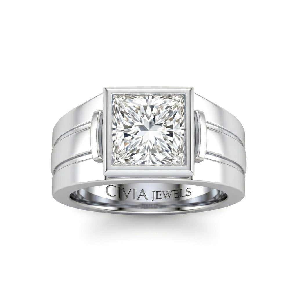 White Gold Princess Cut Bezel Set Solitaire Engagement Ring with Smooth Band