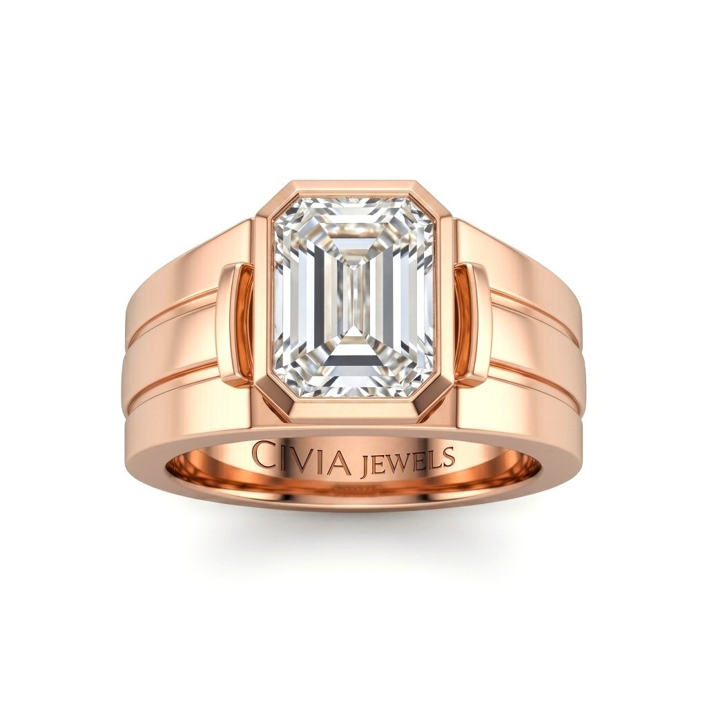 Rose Gold Emerald Cut Bezel Set Solitaire Engagement Ring with Smooth Band
