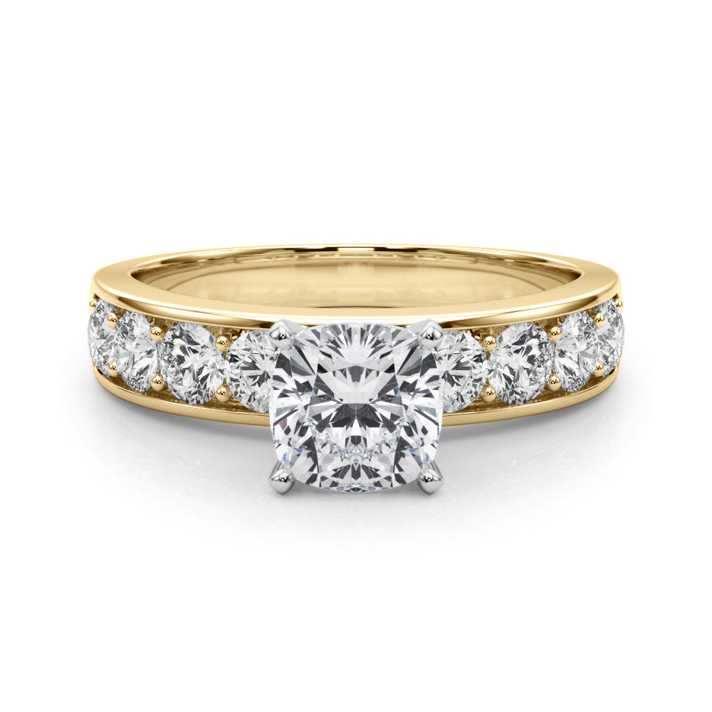 Yellow gold Cushion Cut Channel Set Diamond Engagement Ring with Four-Prong Setting