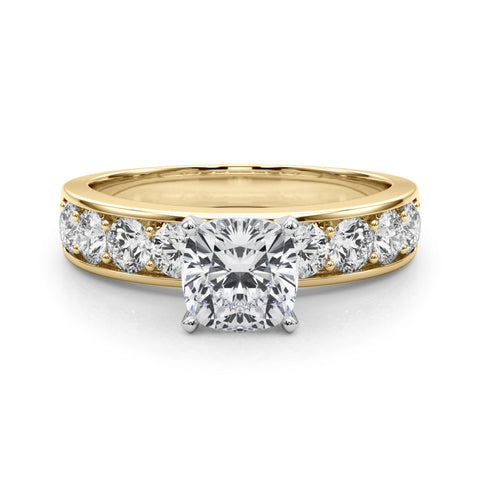 Yellow gold Cushion Cut Channel Set Diamond Engagement Ring with Four-Prong Setting