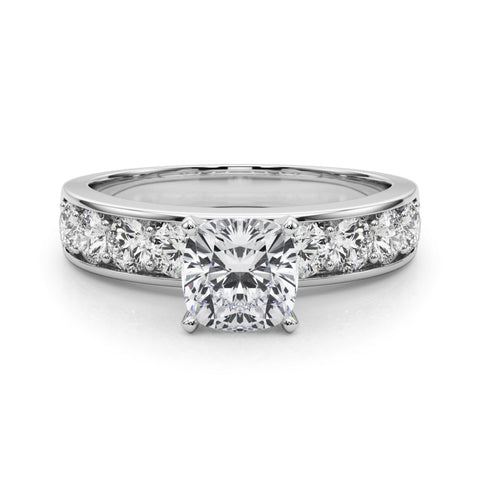 White gold Cushion Cut Channel Set Diamond Engagement Ring with Four-Prong Setting