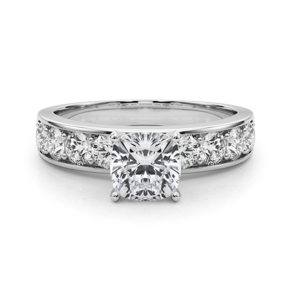 White gold Cushion Cut Channel Set Diamond Engagement Ring with Four-Prong Setting