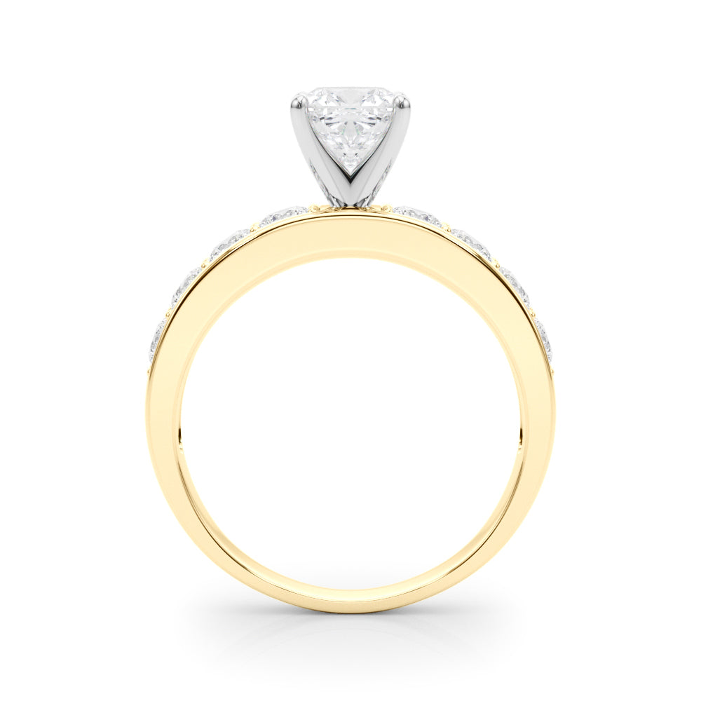 Yellow gold Cushion Cut Channel Set Diamond Engagement Ring with Four-Prong Setting