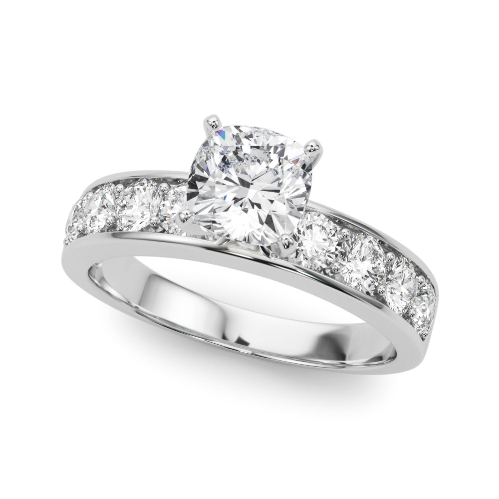 White gold Cushion Cut Channel Set Diamond Engagement Ring with Four-Prong Setting