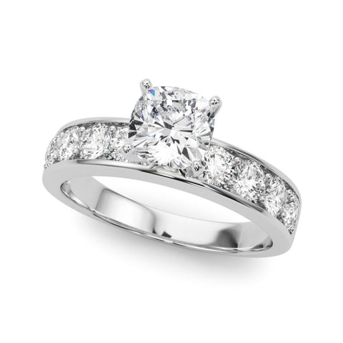 White gold Cushion Cut Channel Set Diamond Engagement Ring with Four-Prong Setting