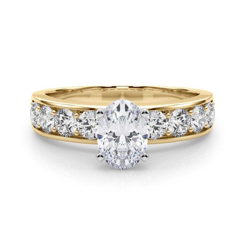 Yellow gold Oval Cut Channel Set Diamond Engagement Ring with Four-Prong Setting