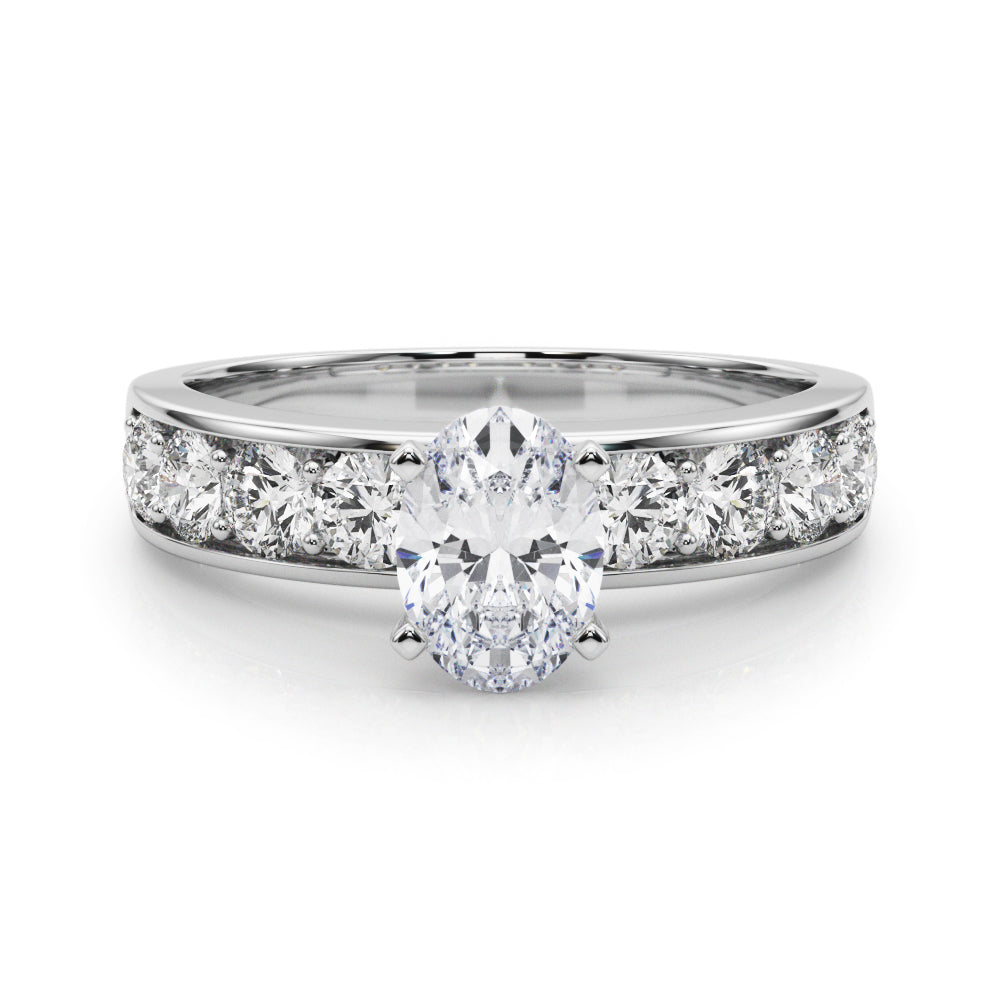 White gold Oval Cut Channel Set Diamond Engagement Ring with Four-Prong Setting