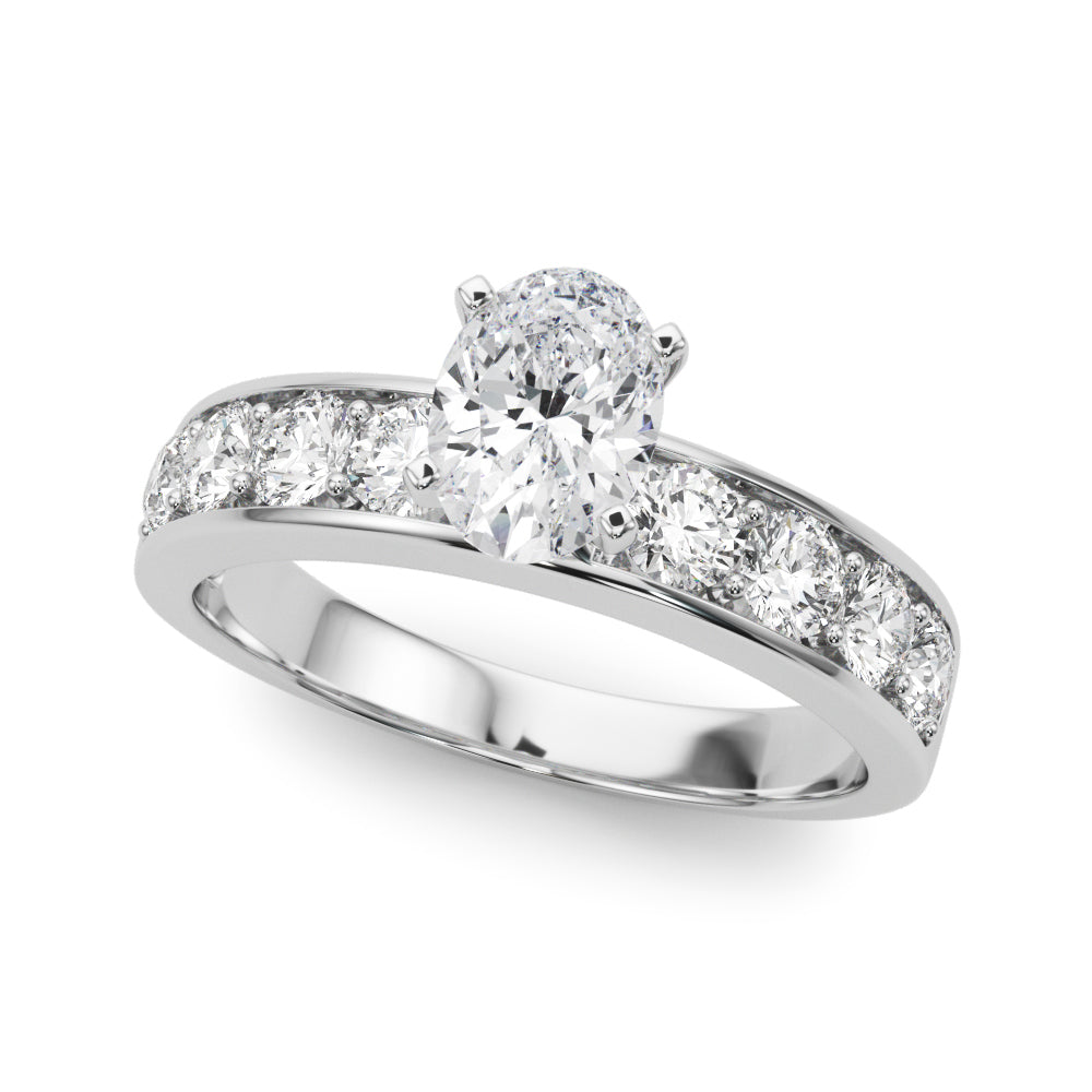 Silver Oval Cut Channel Set Diamond Engagement Ring with Four-Prong Setting