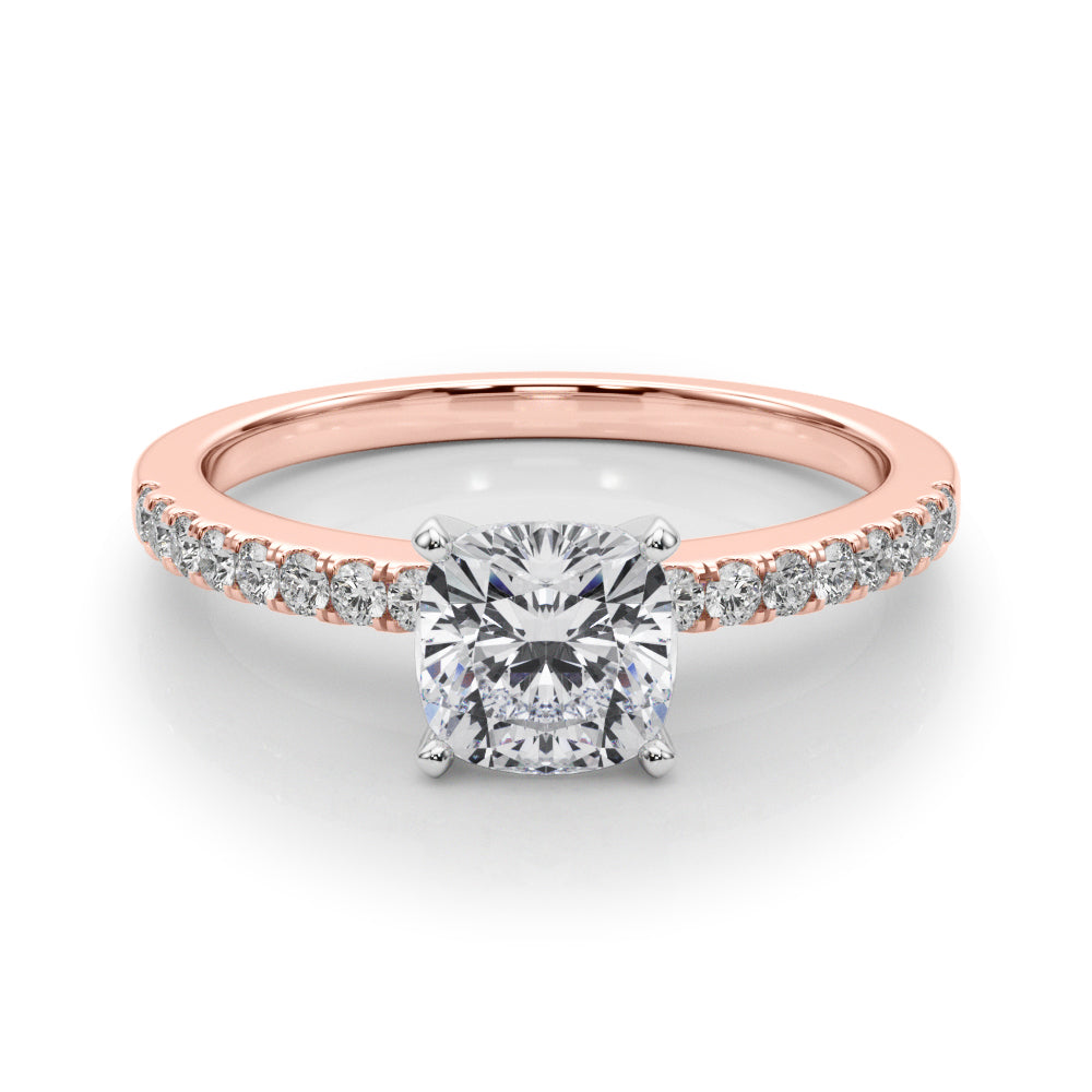 Rose gold Cushion Solitaire Diamond with Pavé Band and Four-Prong Setting
