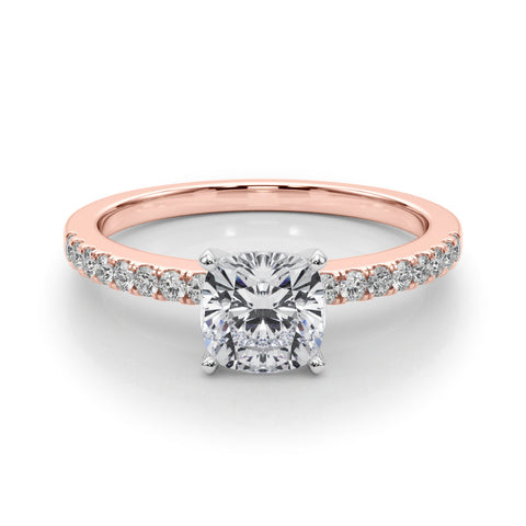 Rose gold Cushion Solitaire Diamond with Pavé Band and Four-Prong Setting