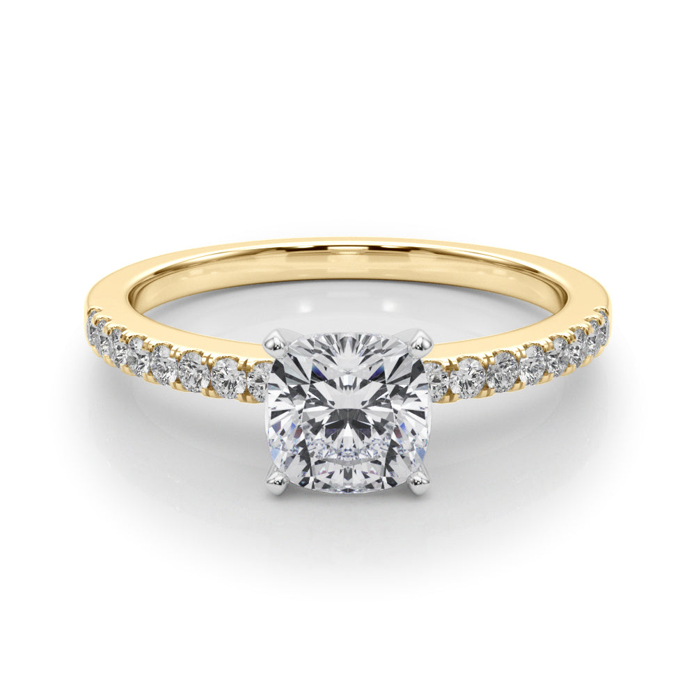 Yellow gold Cushion Solitaire Diamond with Pavé Band and Four-Prong Setting