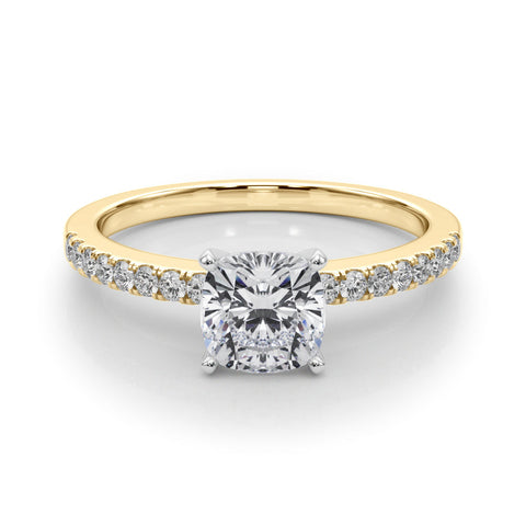 Yellow gold Cushion Solitaire Diamond with Pavé Band and Four-Prong Setting