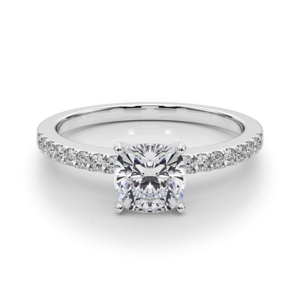 Platinum Cushion Solitaire Diamond with Pavé Band and Four-Prong Setting