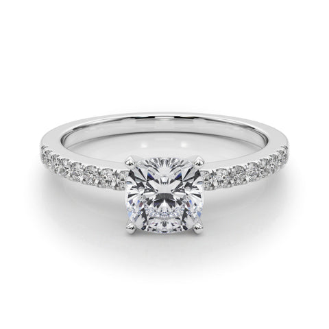 Platinum Cushion Solitaire Diamond with Pavé Band and Four-Prong Setting