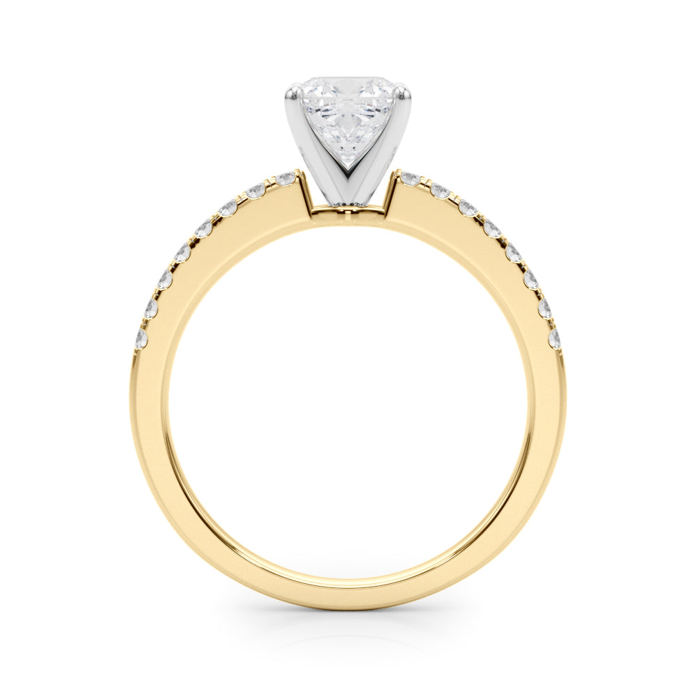 Yellow gold Cushion Solitaire Diamond with Pavé Band and Four-Prong Setting