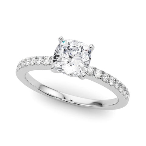 Platinum Cushion Solitaire Diamond with Pavé Band and Four-Prong Setting