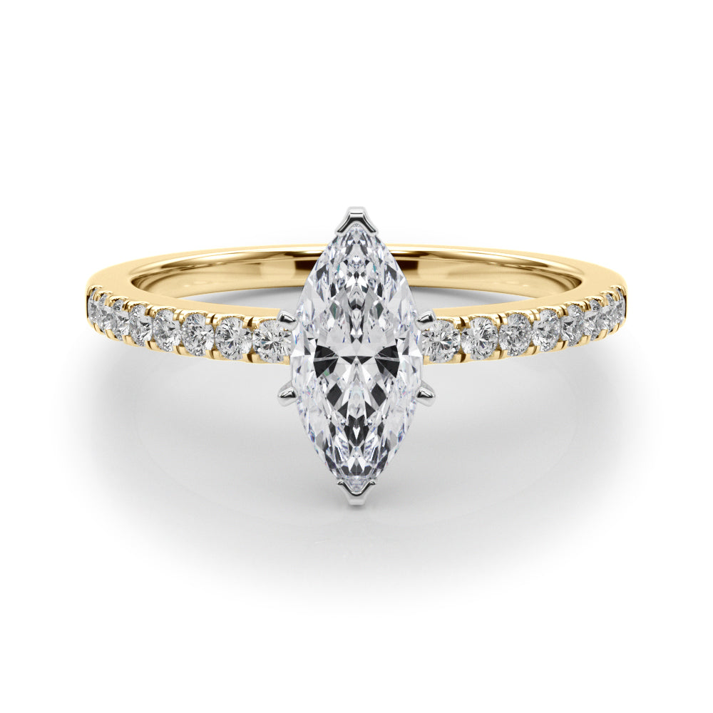Yellow gold Marquise Solitaire Diamond with Pavé Band and Four-Prong Setting