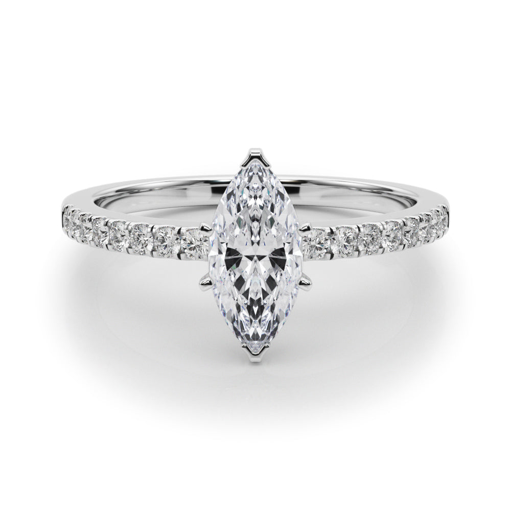 Platinum Marquise Solitaire Diamond with Pavé Band and Four-Prong Setting