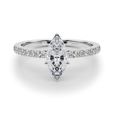 Platinum Marquise Solitaire Diamond with Pavé Band and Four-Prong Setting