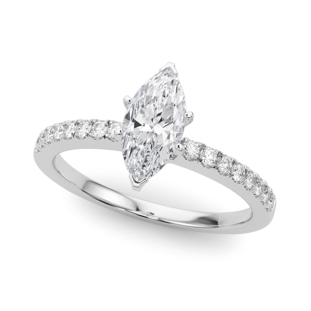 Platinum Marquise Solitaire Diamond with Pavé Band and Four-Prong Setting