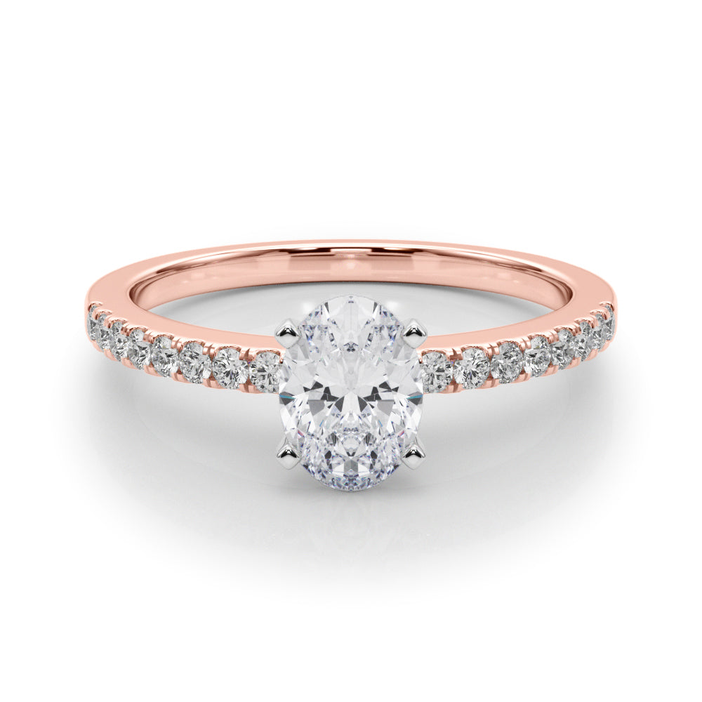 Rose gold Oval Solitaire Diamond with Pavé Band and Four-Prong Setting