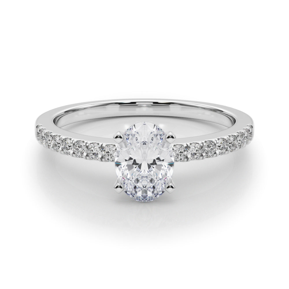 Platinum Oval Solitaire Diamond with Pavé Band and Four-Prong Setting
