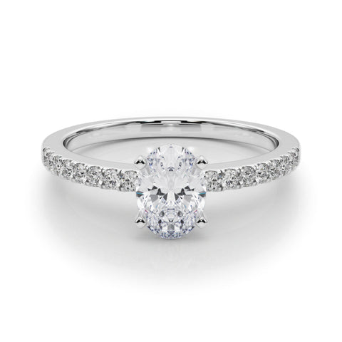 Silver Oval Solitaire Diamond with Pavé Band and Four-Prong Setting