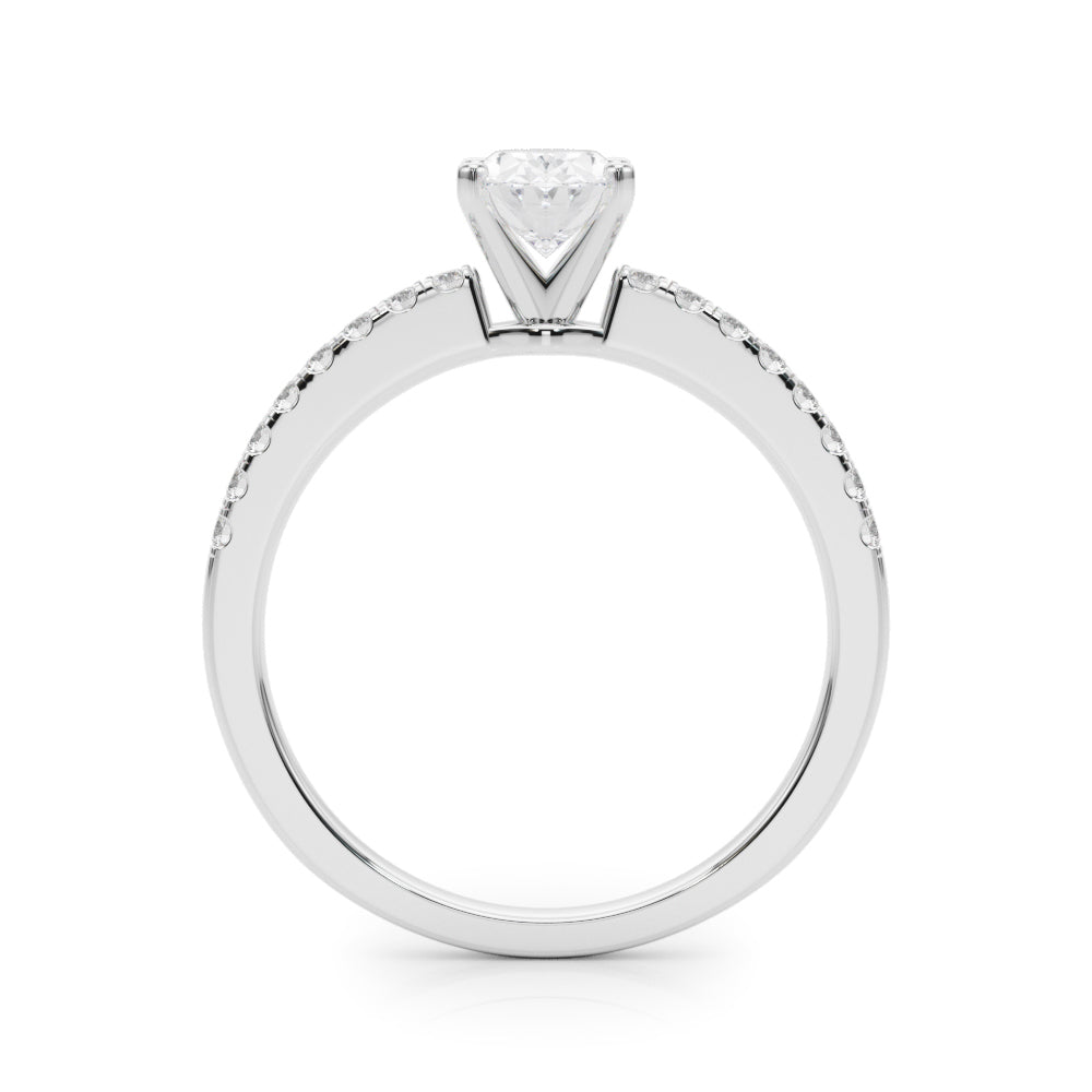 White gold Oval Solitaire Diamond with Pavé Band and Four-Prong Setting