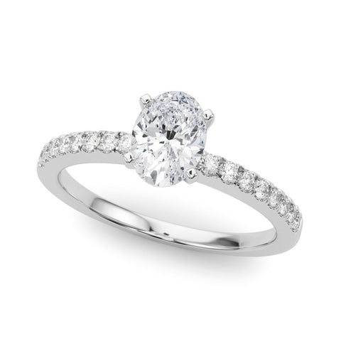 Silver Oval Solitaire Diamond with Pavé Band and Four-Prong Setting