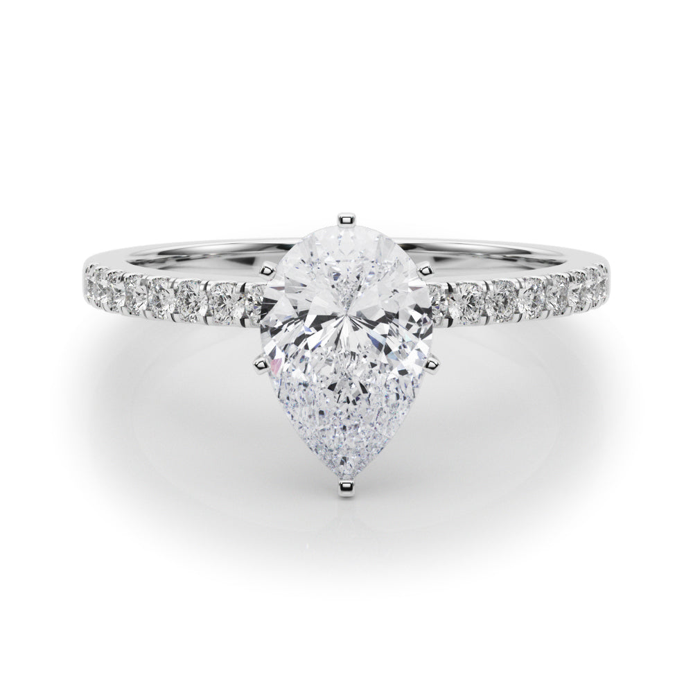 White gold Pear Solitaire Diamond with Pavé Band and Four-Prong Setting