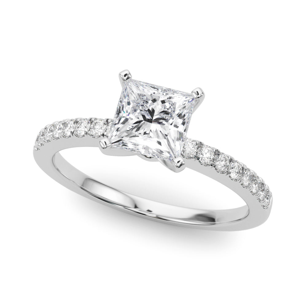 Platinum Princess Solitaire Diamond with Pavé Band and Four-Prong Setting