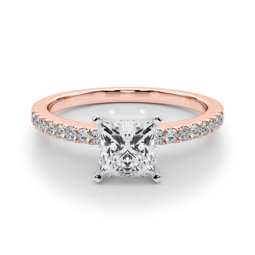 Rose gold Princess Solitaire Diamond with Pavé Band and Four-Prong Setting