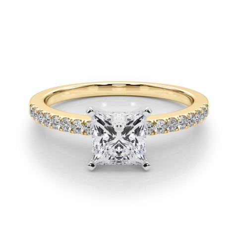 Yellow gold Princess Solitaire Diamond with Pavé Band and Four-Prong Setting