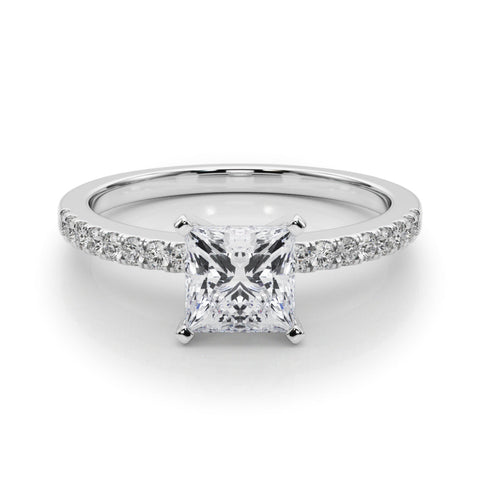 Platinum Princess Solitaire Diamond with Pavé Band and Four-Prong Setting