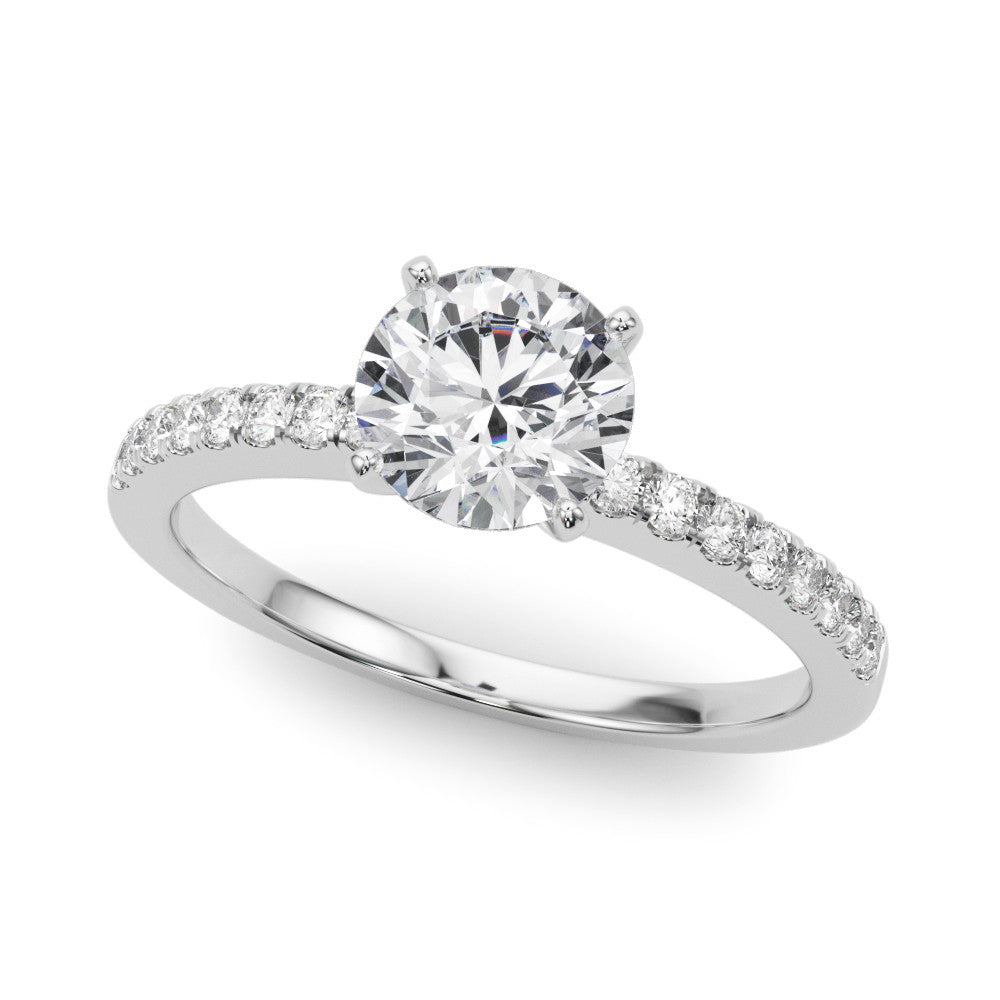 Silver Heart Solitaire Diamond with Pavé Band and Four-Prong Setting