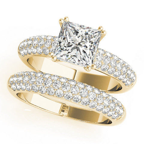 Yellow gold Princess Cut Pave Diamond Engagement Ring with Channel Set Band and Four-Prong Setting