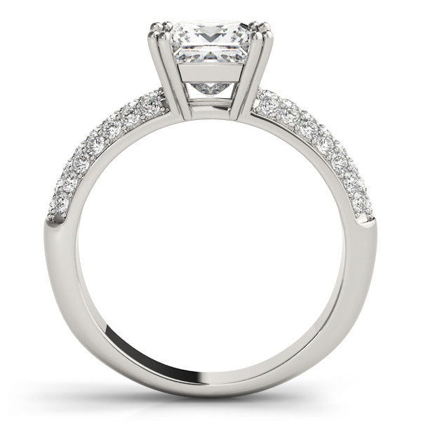 Silver Princess Cut Pave Diamond Engagement Ring with Channel Set Band and Four-Prong Setting