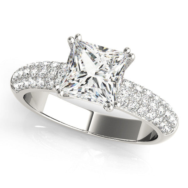 Silver Princess Cut Pave Diamond Engagement Ring with Channel Set Band and Four-Prong Setting