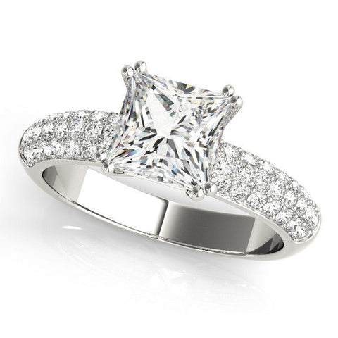Silver Princess Cut Pave Diamond Engagement Ring with Channel Set Band and Four-Prong Setting