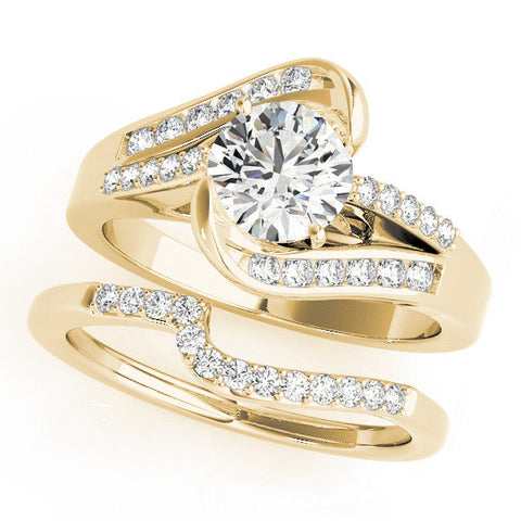 Yellow gold Cushion Solitaire Bypass Diamond Engagement Ring with Channel-Set Band and Four-Prong Setting