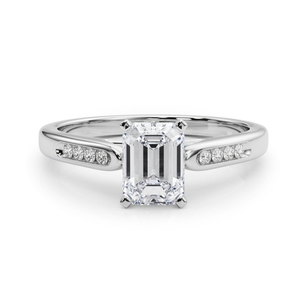 White gold Emerald Cut Channel Set Solitaire Engagement Ring with Four-Prong Setting