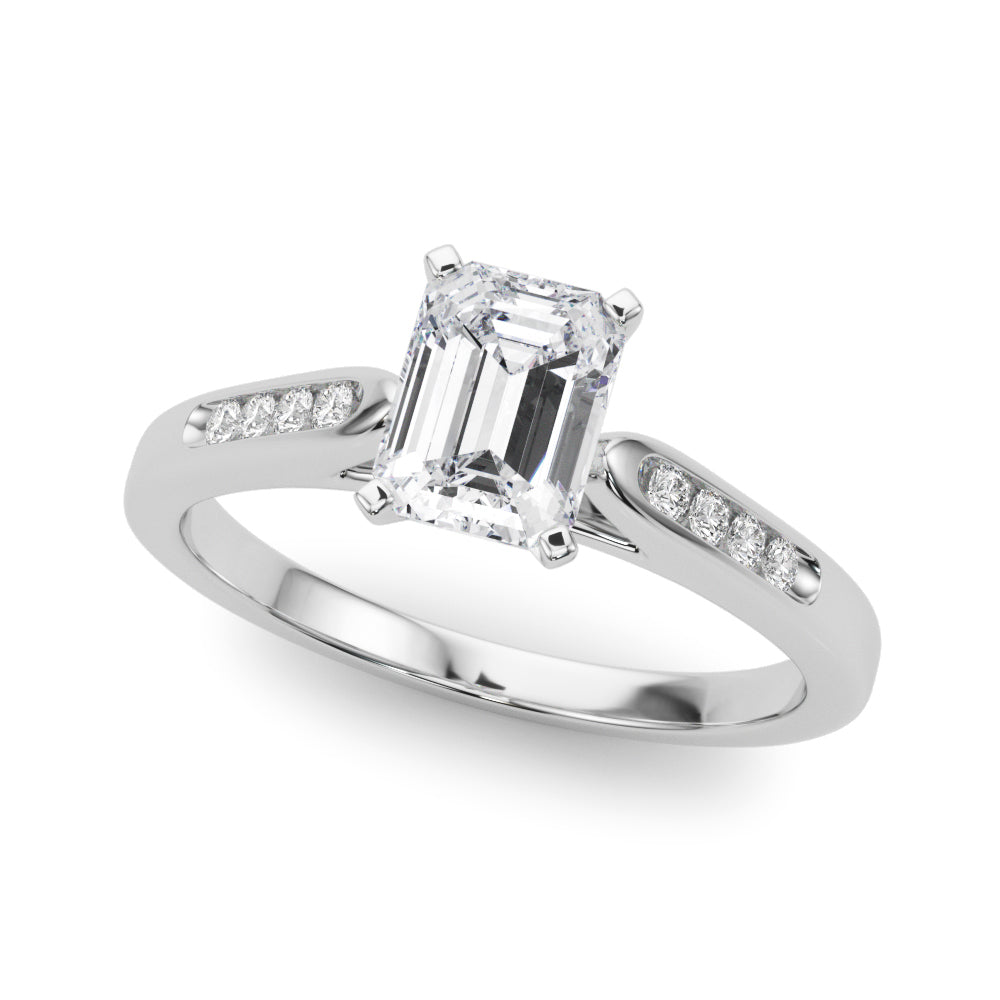 Silver Emerald Cut Channel Set Solitaire Engagement Ring with Four-Prong Setting