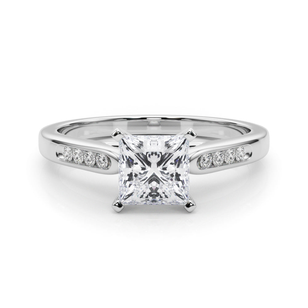 Silver Princess Cut Channel Set Solitaire Engagement Ring with Four-Prong Setting