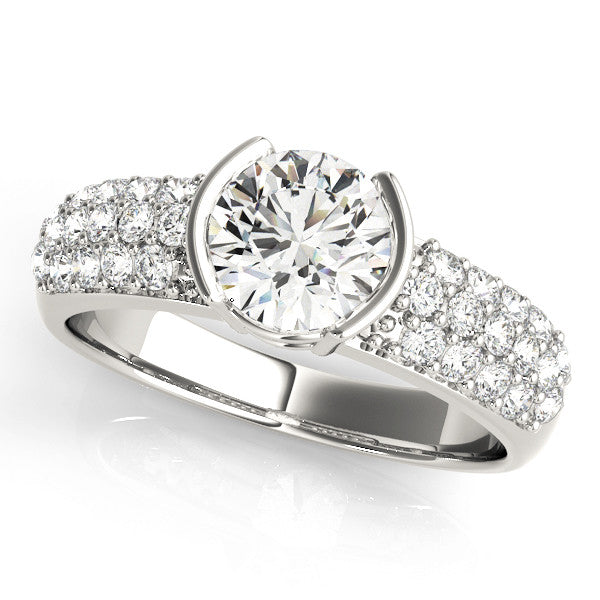 White gold Round Brilliant Pave Diamond Engagement Ring with Tension Prong Setting