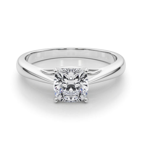 Platinum Cushion Solitaire Diamond Engagement Ring with Cathedral Setting and Four-Prong Mount on a Classic Band