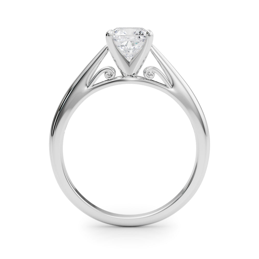 Platinum Cushion Solitaire Diamond Engagement Ring with Cathedral Setting and Four-Prong Mount on a Classic Band