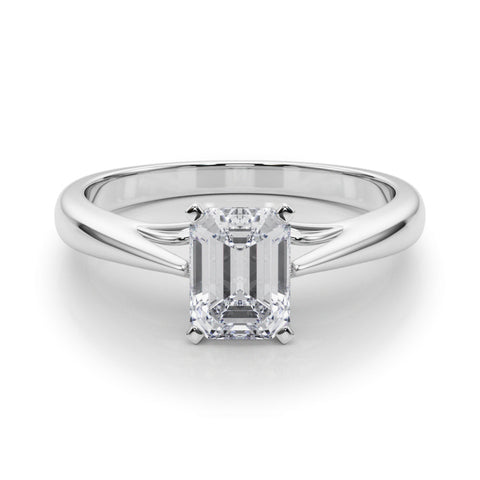 White gold Emerald Solitaire Diamond Engagement Ring with Cathedral Setting and Four-Prong Mount on a Classic Band