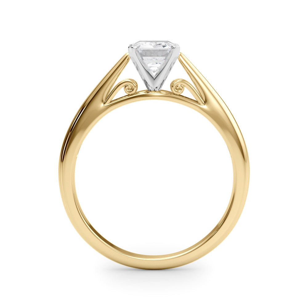 Yellow gold Radiant Solitaire Diamond Engagement Ring with Cathedral Setting and Four-Prong Mount on a Classic Band